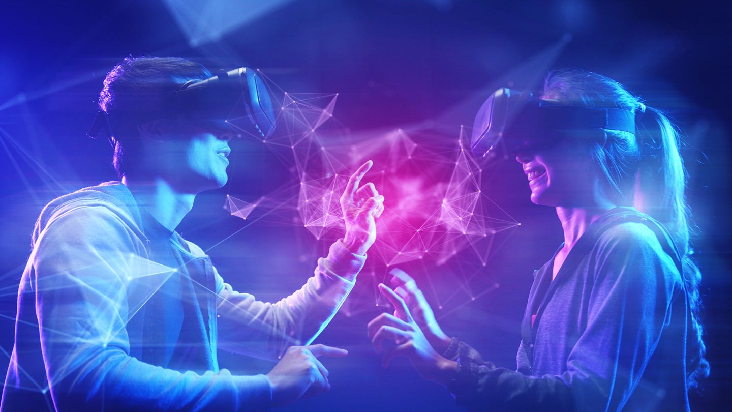 Asset id: 2028990734  Future digital technology cyber virtual game entertainment metaverse, Teenager having fun play game VR virtual reality goggle, sport game 3D cyber space futuristic metaverse NFT game background,